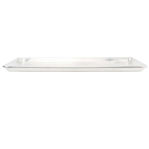 Side view of commercial grade aluminum sheet pan full size with reinforced rim built to last 16 gauge bakeware for cookie sheets and roasting.