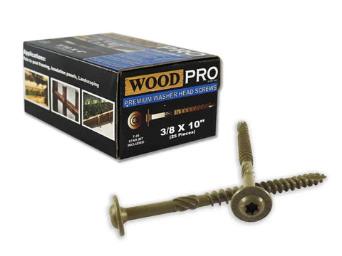 Exterior Wood Screws Three Eighths Inch By Ten Inches Washer Head Torx Drive Type Seventeen Point 25 Pack With Golden E Coat