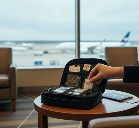 Traveler using Grab And Go Travel Medical Kit with 20 Essential Medications for Pain Cold Allergy Stomach and Other Common Ailments at airport table.