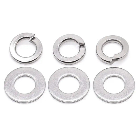 304 Stainless Steel Flat Washers and Lock Washers Set Built to Last, 100 Pcs Total, washers arranged in two rows, close-up view