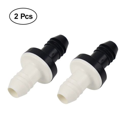 Two inline vacuum barbed check valves, white plastic bodies with black collars, 3/8 in barb