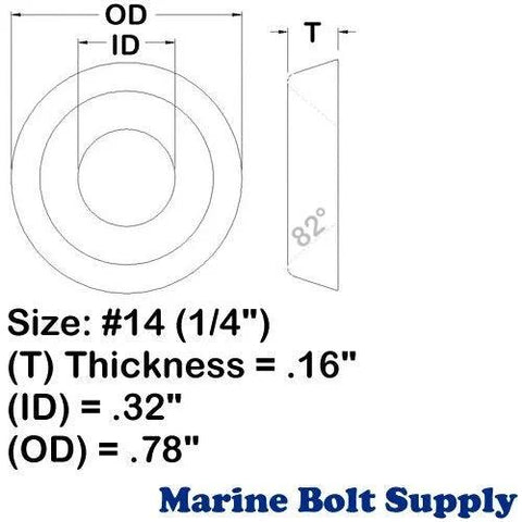 Stainless steel countersunk cup washer #14 (1/4"), 0.16" thick; 0.32" ID, 0.78" OD; 100 pcs, Marine Bolt Supply