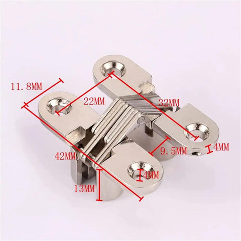 Hidden 8x42MM Concealed Cross Door Hinge with 180 Degree Swing and Screw Pack, metallic, showing detailed dimensions.