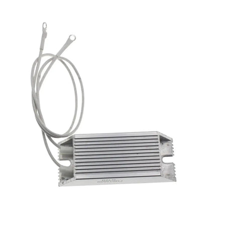 Aluminum-cased RXLG servo braking resistor with finned heatsink and two ring-terminal leads