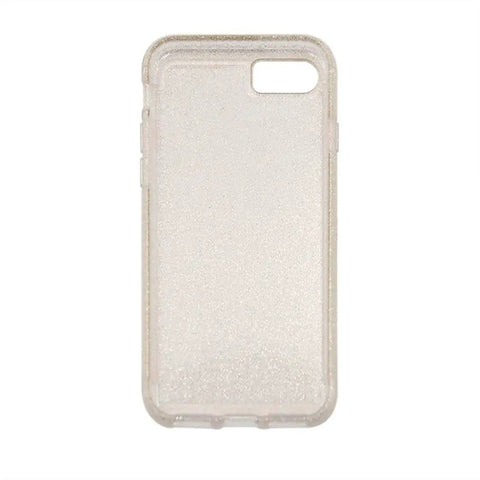 Transparent smartphone case with glitter accents, back view