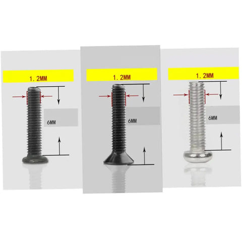 Three types of screws from Tiny Yet Mighty Miniature Screw Set With Eighteen Different Specs Round Head And Countersunk Machine Screws In Clear Storage Case