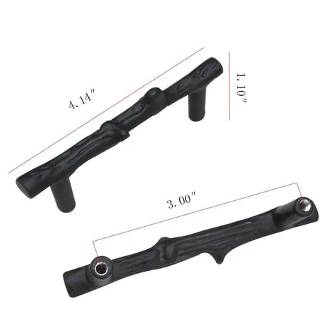 8 Pack Black Twig Branch Cabinet Knobs and Rustic Drawer Pulls Set with Alloy Leaf Design detailed view and measurements shown.