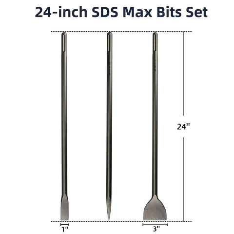 24 Inch SDS Max 3 Piece Masonry Chisel Set With 1 Inch Flat Chisel Point Chisel And 3 Inch Scaling Chisels For Brick Stone Concrete