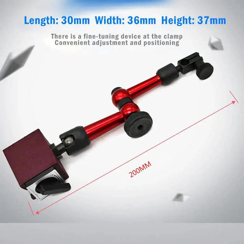 Red Adjustable Magnetic Base Holder For Digital Dial Indicator With Three Joints And Easy On Off Move Base shown with dimensions