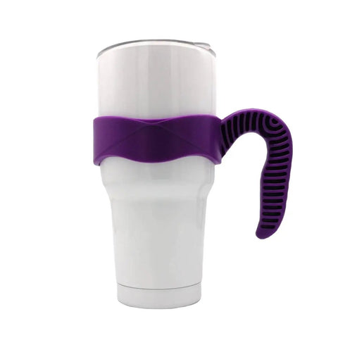 30 Oz Tumbler Handle With Anti Slip Grip For Vacuum Insulated Mugs, Comfortable Travel Cup Holder For Yeti Rambler And Most 30 Ounce Tumblers, Fits Car Cup Holders, BPA Free Purple shown on a white tumbler.