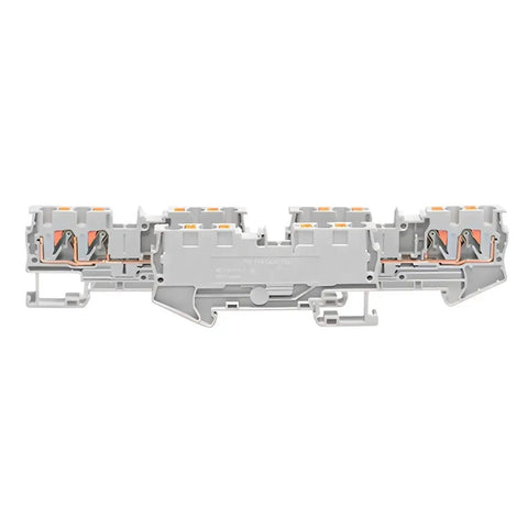 Side view of 10 Pack DIN Rail Terminal Block PT4 Quattro 4 Conductor Push In Spring Clamp 32A 800V PA66 V0 Industrial Electrical Connectors.