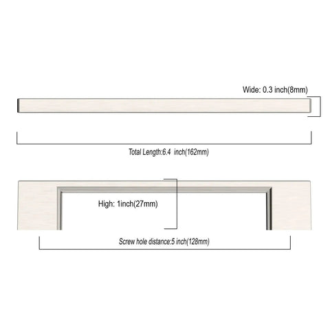 Dimensions diagram of 10 Pack 5 Inch 128mm Cabinet Handles, brushed satin nickel finish, zinc alloy, 6.3 inch overall length.