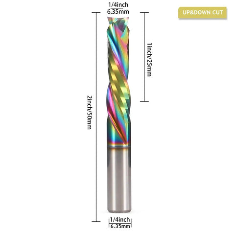 Spiral Router Bit Up Down Compression Bit with DLC Coating Quarter Inch Cutting Diameter One Inch Cutting Length displayed vertically.