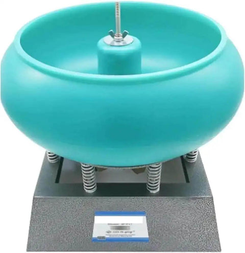 Front view of 17-Inch Vibratory Tumbler Polisher For Jewelry And Metal Finishing, Stone Polishing Machine with teal bowl and base.