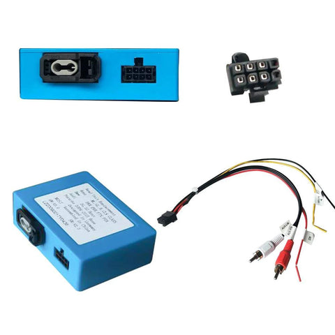 Lexxson optic fiber decoder kit with two blue modules, a multi-pin connector, and wiring harness