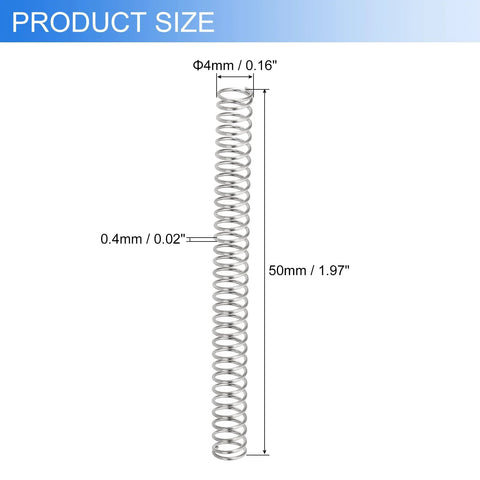 Compression spring, 0.4mm wire, 4mm OD, 50mm length, 304 stainless steel, silver, for ballpoint pen mechanism