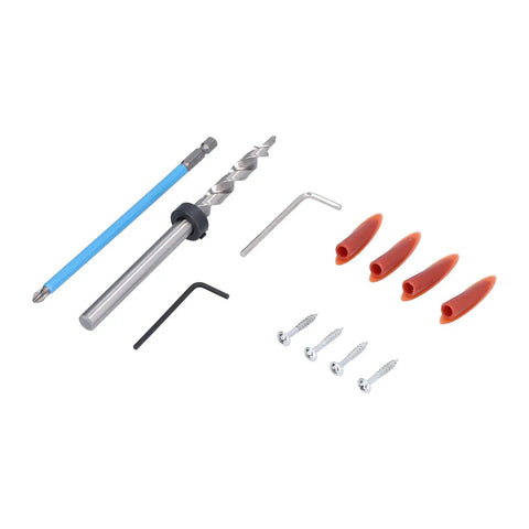 Components of an Oblique Pocket Hole Jig Kit With 15 Degree Adjustable Drilling Locator for drawer and furniture assembly.
