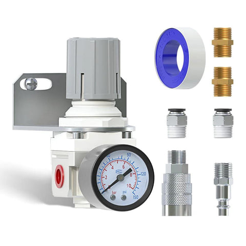 Air pressure regulator AR2000-02 with 0-150 psi gauge; includes 2 brass adapters, 4 metal fittings, PTFE tape