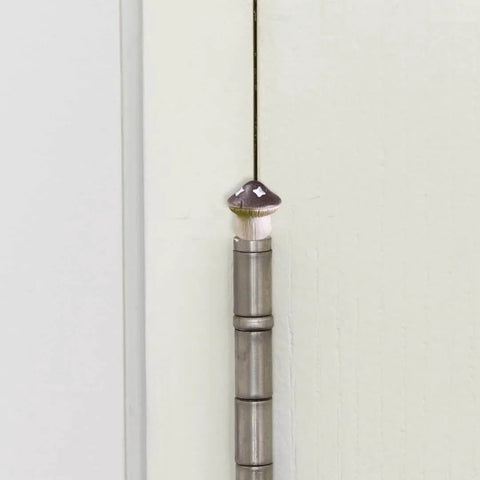 Decorative Hinge Head Topper Set Of 6 Magnetic Mushroom Hinge Heads for doors, shown on a cabinet hinge, adds quirky home accent