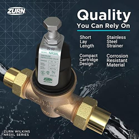 Zurn Wilkins NR3XL 3/4 inch pressure reducing valve with double union FNPT connections, brass body