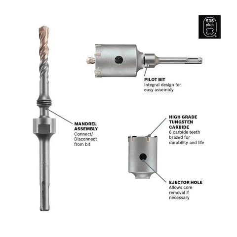 1-3/16 In SDS-Plus Speedcore Thin-Wall Core Bit With Integrated Pilot Bit And Mandrel, tungsten carbide teeth, ejector hole visible