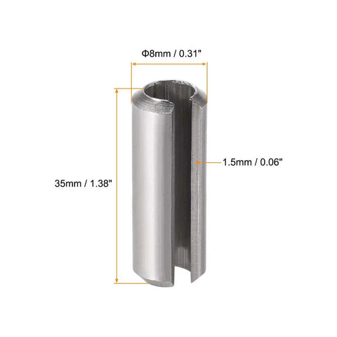 Slotted Spring Pin M8 X 35mm 304 Stainless Steel Roll Pin 10 Pcs Plain Finish Axial Slotted With Chamfered Ends For Quick Reliable Positioning And Easy Assembly Built Tough Against Corrosion, showing dimensions of 8mm and 35mm with measurements.