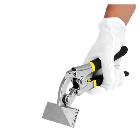Sheet Metal Bending Pliers For Pros Pro Grade Durable Beefy High Strength Steel Nickel Plated Clamp in ergonomic white-gloved grip