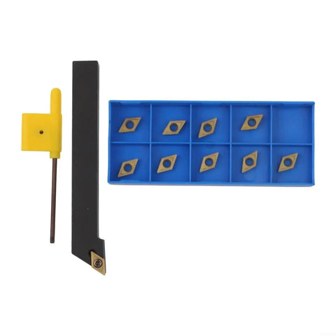 Alloy Steel CNC Lathe External Turning Tool Holder With 10 DCMT070204 Carbide Inserts shown with wrench and inserts in blue box