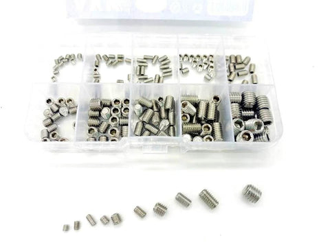 Grub Screw Set M3 To M8 Hex Socket Head Cap Screws Kit Alloy Steel Or Stainless Steel 200 Pieces 10 Sizes visible in box overview