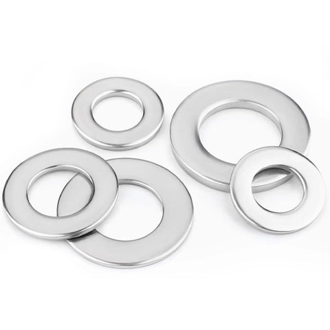 Five stainless steel flat washers in varying sizes.