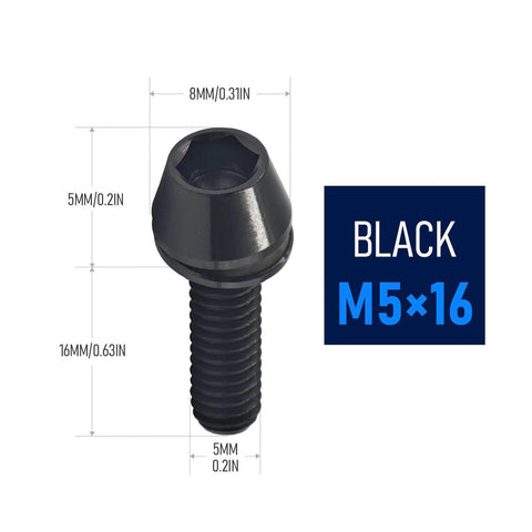 Six Piece Titanium Stem Bolt Kit For Bicycle With Allen Hex M5x16mm Tapered Head Screws And Washers, Grade 5 Titanium