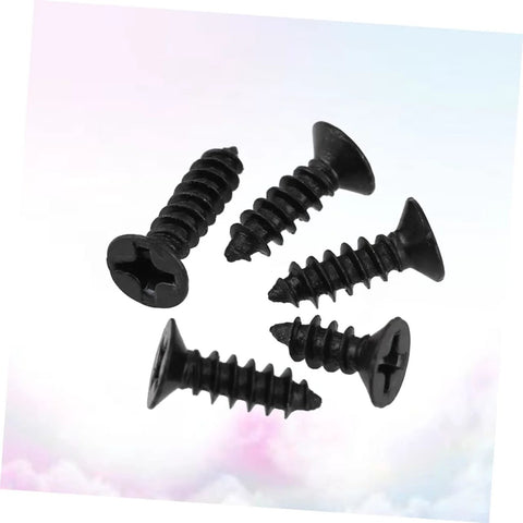 100Pcs Self Tapping Screws Flat Head Drywall Fasteners for Wood Gypsum Board, showing black flat head screws on pastel background