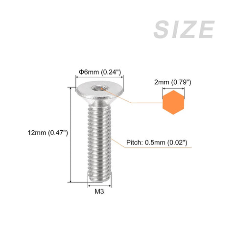 M3x12mm Flat Head Countersunk Screws 304 Stainless Steel 40 Pack Hex Socket Cap Screws for machinery and DIY with measurements