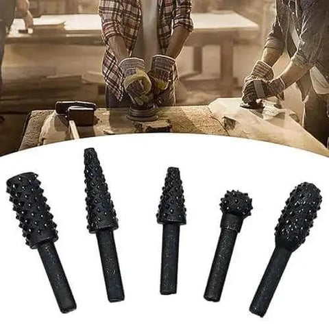 Five Piece Rotary Burr Set For Carving And Grinding With Five Shaped Bits For Wood Metal And Plastic Detailing Perfect For DIY Projects And Crafts In A Durable Black Finish And Built To Handle Heavy Duty Material Removal Like A Boss, shown with workers in workshop background