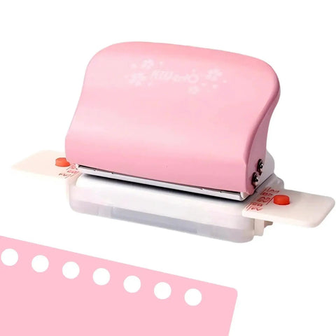 Pink adjustable 6 hole punch for diary planner and binder pages, 5.5mm round holes, 6-sheet capacity, A5 A6 A7 paper, with positioning mark.