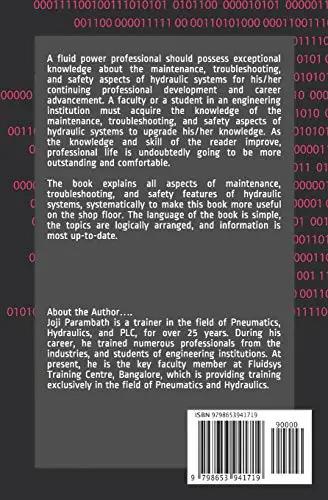 Back cover of a gray book titled Maintenance, Troubleshooting, and Safety in Hydraulic Systems; white text block and barcode at lower right.