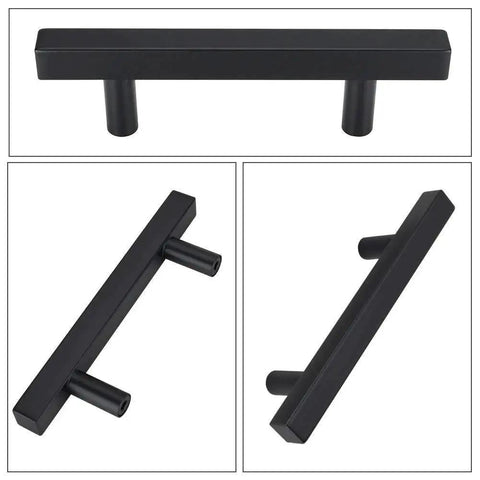 25 Pack 3 Inch Black Cabinet Pulls Stainless Steel Drawer Handles with mounting screws, shown in multiple angles.