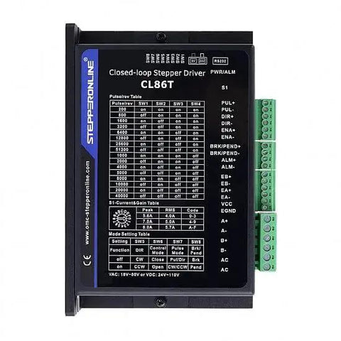 Beefy Closed Loop Stepper Motor CNC Kit CL86T V4.1 Driver front view with settings tables, ideal for CNC and automation projects.