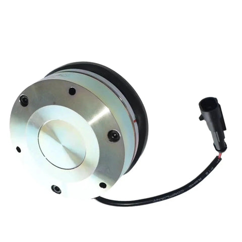Front view of round electromagnetic brake unit for forklift equipment with metal housing and attached connector cable