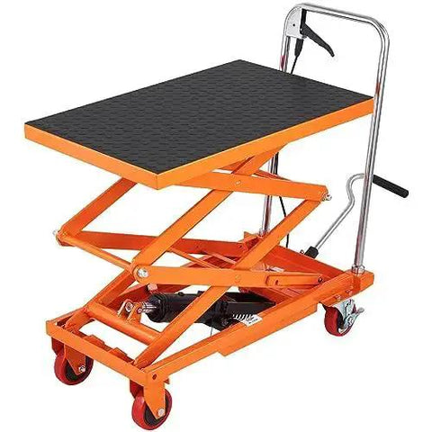 Manual Hydraulic Lift Table Cart 330lb Capacity 50in Lift With 4 Wheels, side view with orange frame and black platform.