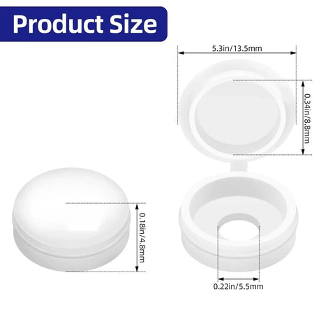 150 Pack White Plastic Screw Cover Caps With Snap On Hinge For Flush Mount Protection showing open and closed views, with size dimensions