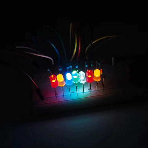 ELOOGAA LED resistor kit on breadboard with multicolor 3mm/5mm LEDs and hookup wires