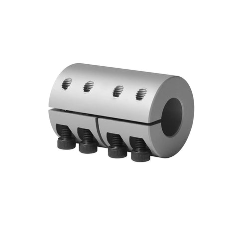 Aluminum rigid clamp-on shaft coupling, 8–10 mm bore, 32 mm dia x 45 mm length, four set screws, CNC and 3D printer use