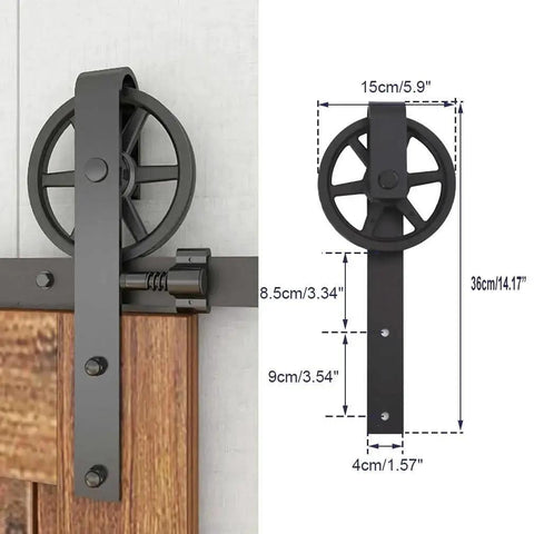 20Ft Heavy Duty Sliding Barn Door Hardware Kit For Smooth Quiet Operation With Big Spoke Wheel Hanger J Style close-up view