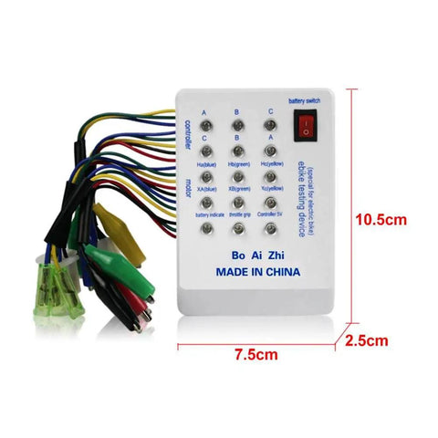 Brushless Motor And Controller Tester For E Bikes And Electric Scooters 24V 36V 48V 60V 72V Quick Coil And Phase Sequence Check ABC Or Abc And 60 Or 120 Degree Phase Angle For Fast Diagnostics White device with wires and buttons