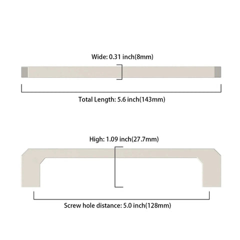 Diagram showing measurements of 10 Pack Brushed Satin Nickel Cabinet Pulls 5 Inch 128mm, width 8mm, total length 143mm.