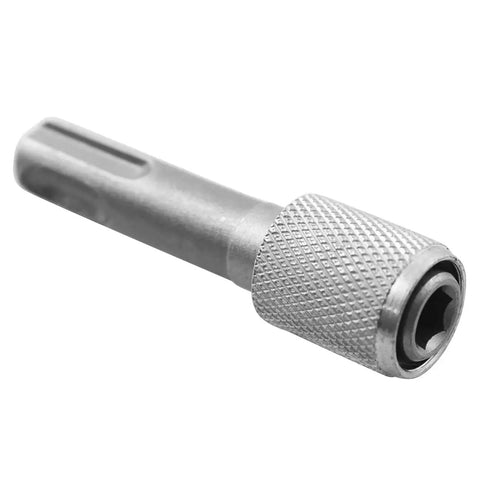Side view: hammer drill adapter telescopic converter with knurled carbon steel sleeve and 1/4 in hex shank