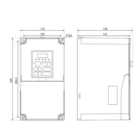 Technical diagram of 5.5KW 220V H100 Inverter 1000Hz 1/3PH Input Variable Frequency Drive, showing dimensions and design details.