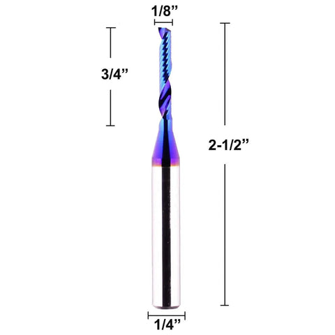 O Flute 1/4 Inch Shank 1/8 Inch Cutting Diameter CNC Router Bit For Aluminum Acrylic PVC And MDF Plastic With 3/4 Inch Cutting Length And 2 1/2 Inch Total Length Solid Carbide Nano Blue Coating For Superior Durability