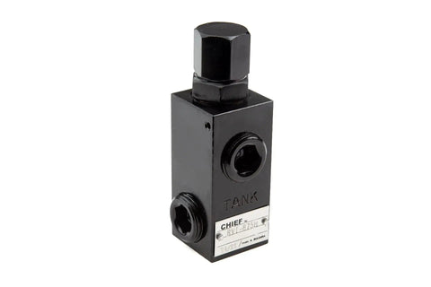 Adjustable Hydraulic Relief Valve For High Pressure Systems 1000–2500 PSI 16 GPM Flow Half Inch NPTF Port, alloy steel body.